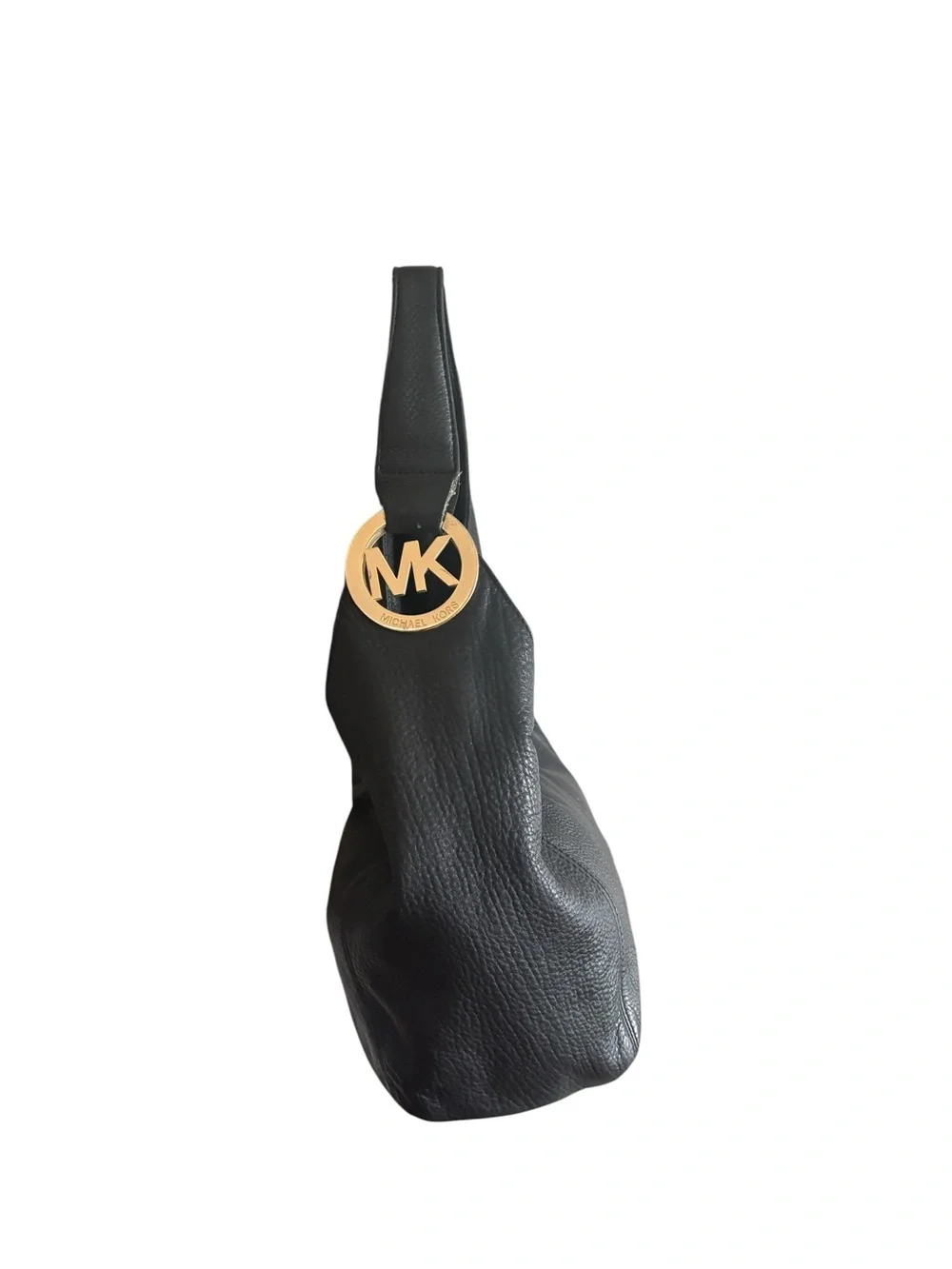 Michael Kors Black Pebbled Leather Fulton Hobo Shoulder Bag Gold Logo Purse OS